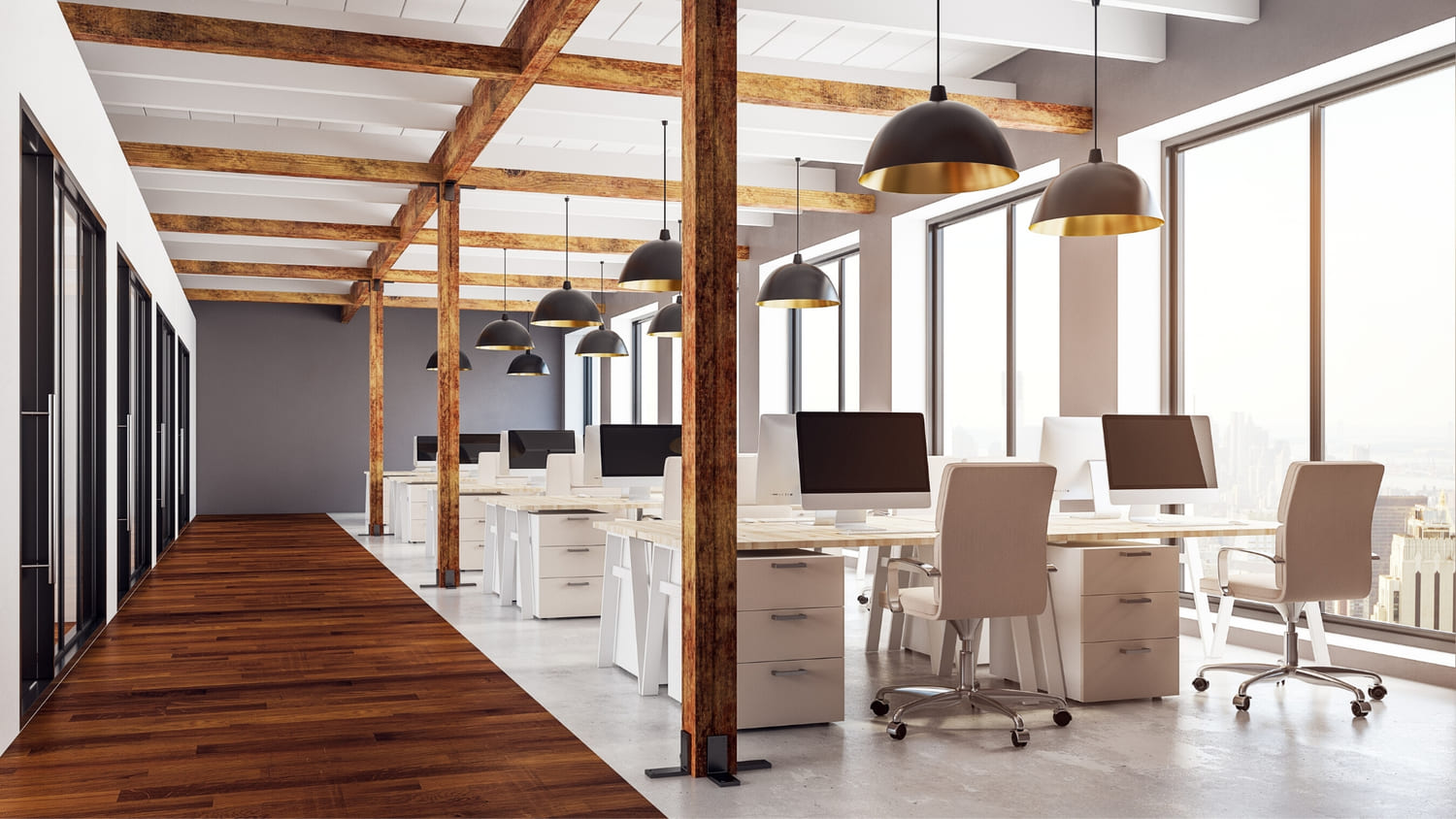 A beautiful modern office space with rich brown wood floors